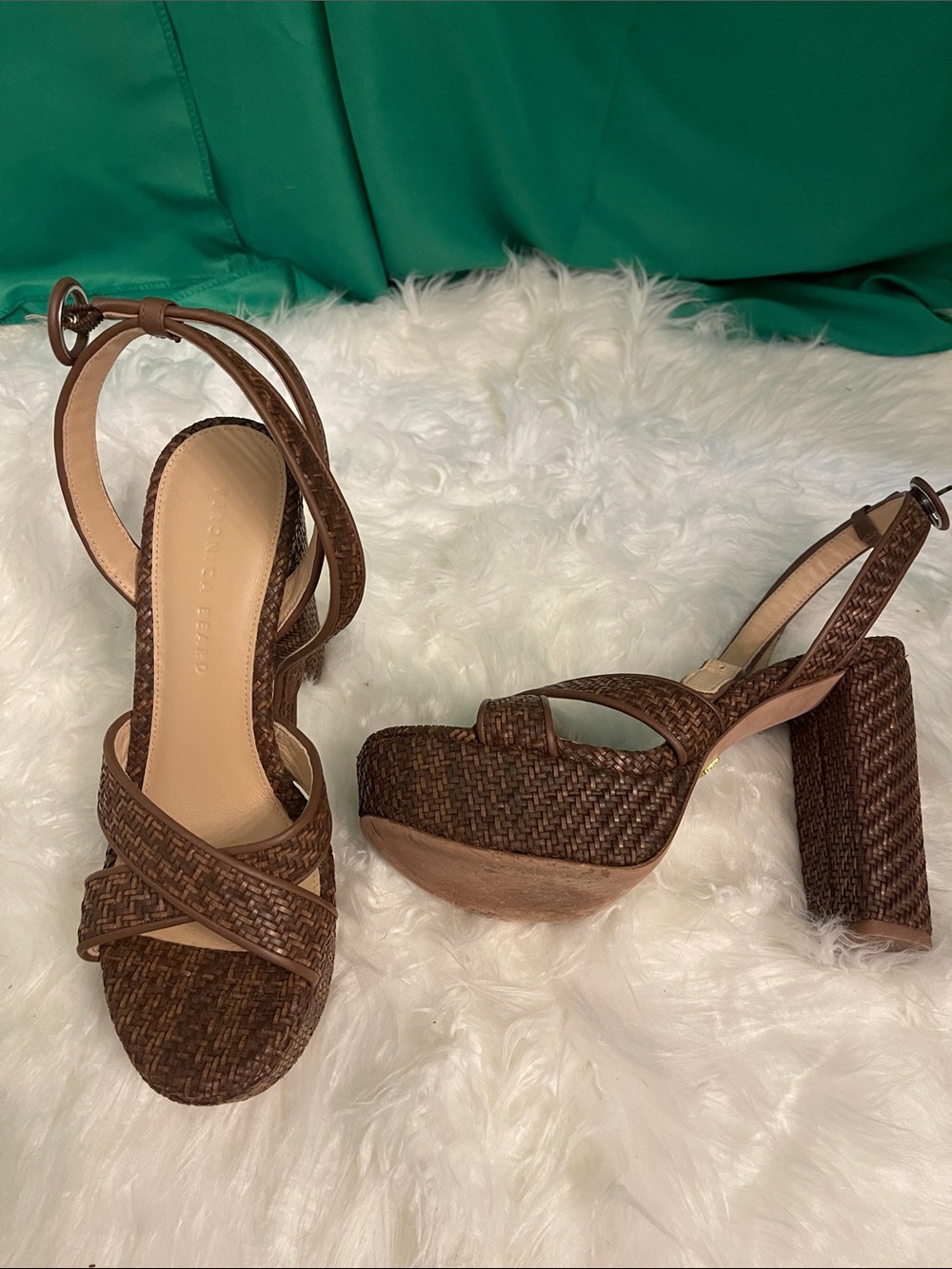 Veronica Beard Lalana Praline Woven Leather Block Heel Platform Sandals